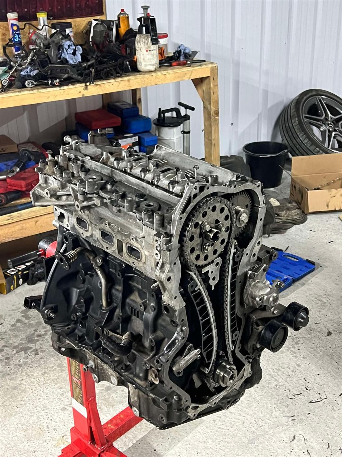 Rebuilt engine on a stand with new timing chain