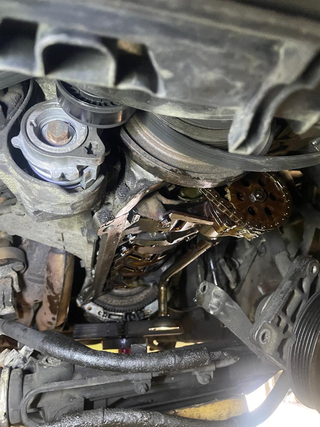 BMW M54 engine from below with the oil sump removed